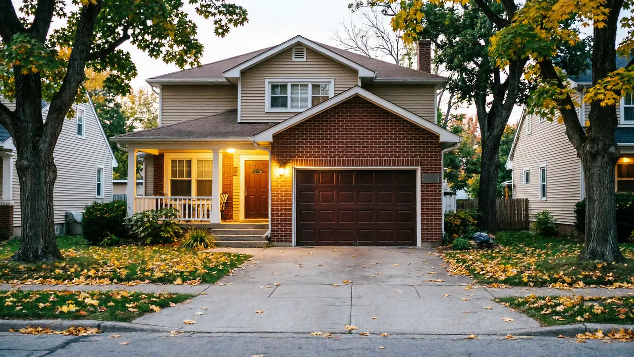 The house has a brown garage door, brick facade, and a lit porch.