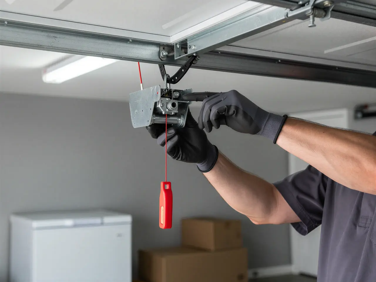 A technician in black gloves works on a garage door opener.