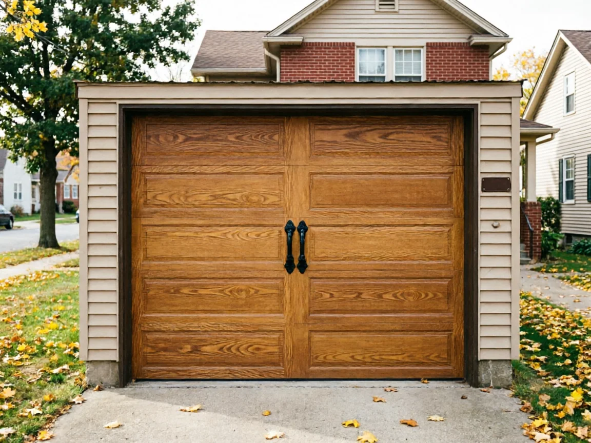A two-car garage has a light brown wooden door with black handles.